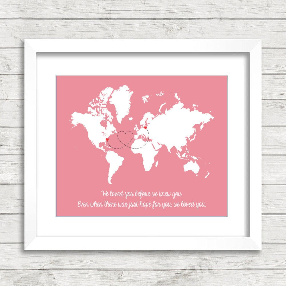 Adoption World Map - North Carolina, USA - Kraków, Poland - Adopting Parents -  Long Distance Heart Trail - Adoption Gift - New Parents