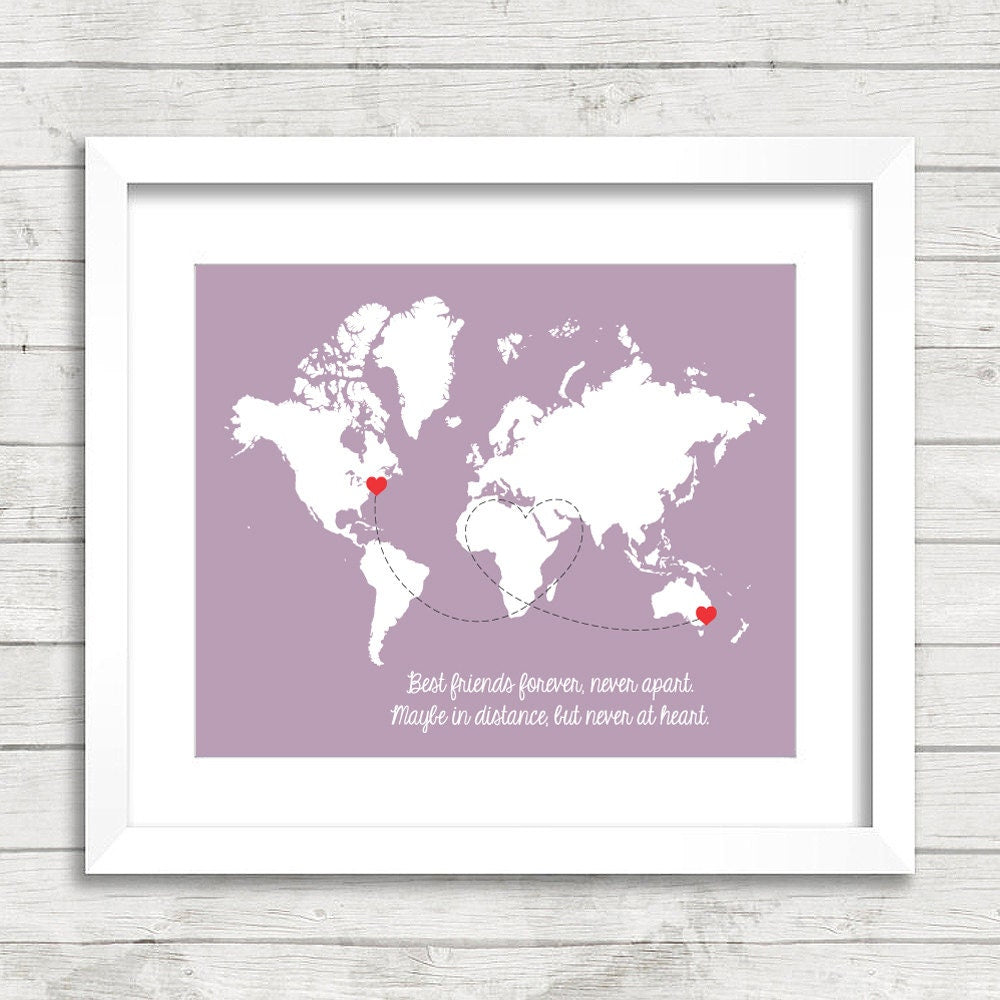 Best Friends World Map - Maybe in Distance, But Never at Heart - New York City, NY, USA - Sydney, Australia - Long Distance Friendship