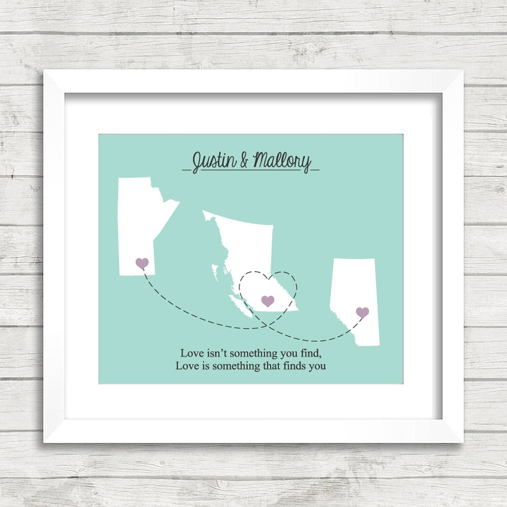 Canada Love Map - Three Provinces, One Print - Winnipeg, Manitoba - Kelowna, British Columbia - Edmonton, Alberta -West Coast Love