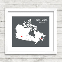 Load image into Gallery viewer, Canada Love Map - Calgary, Alberta - Fredericton, New Brunswick - Canadian Love - Same Sex Wedding - Wedding Gift - Anniversary Gift
