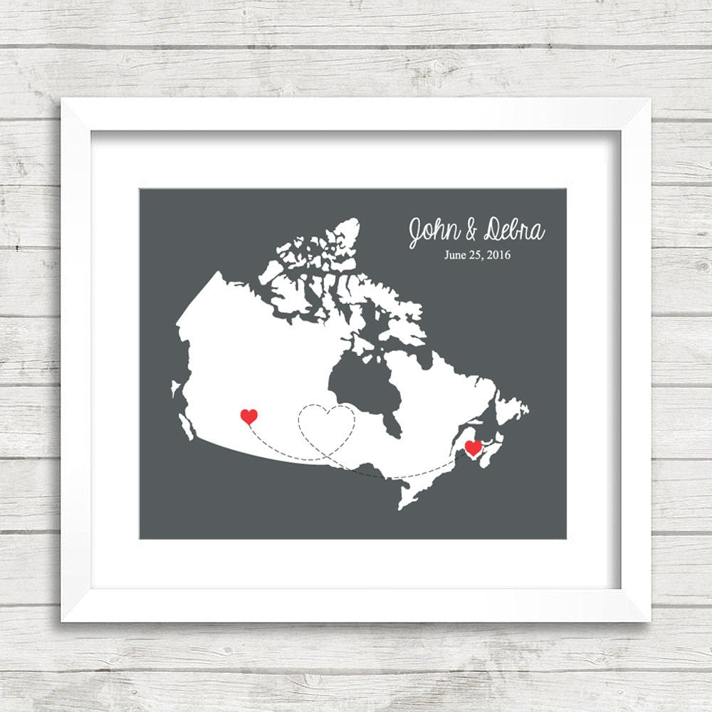 Canada Love Map - Calgary, Alberta - Fredericton, New Brunswick - Canadian Love - Same Sex Wedding - Wedding Gift - Anniversary Gift