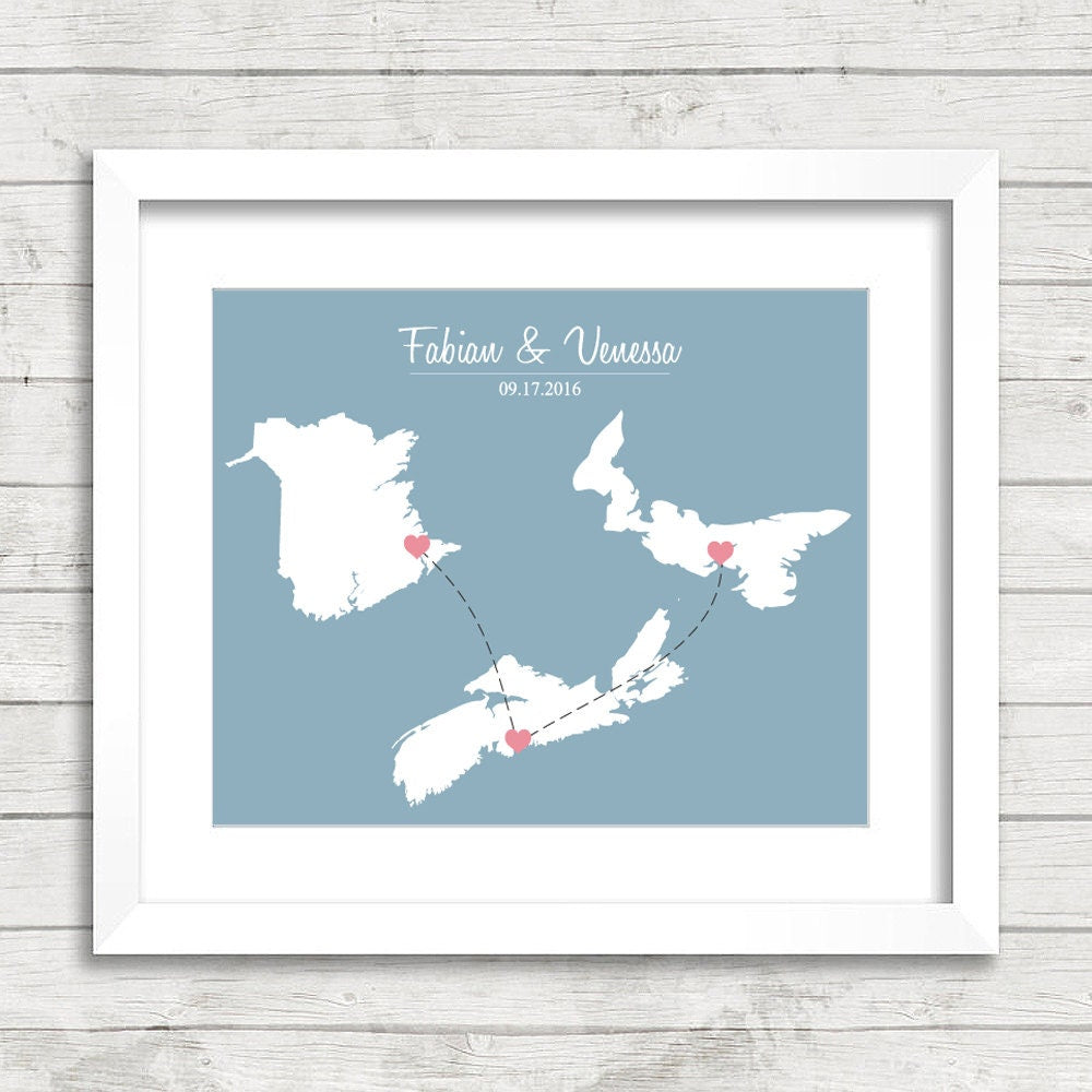 Canada Love Map - Three Provinces, One Print - Moncton, New Brunswick - Halifax, Nova Scotia - Charlottetown, Prince Edward Island