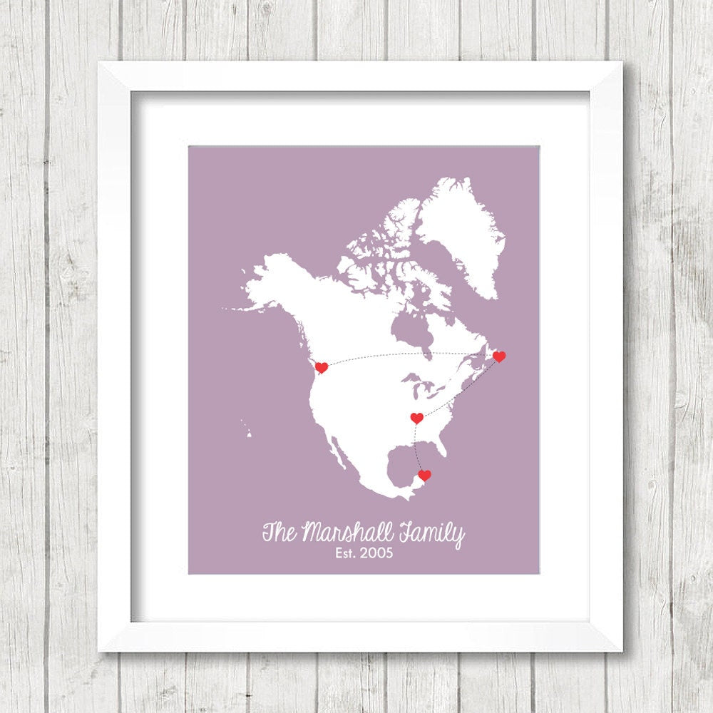 North America Family Map - Long Distance Family - St. John's, Newfoundland - Vancouver, BC - Nashville, Tennessee - Cancun, Mexico