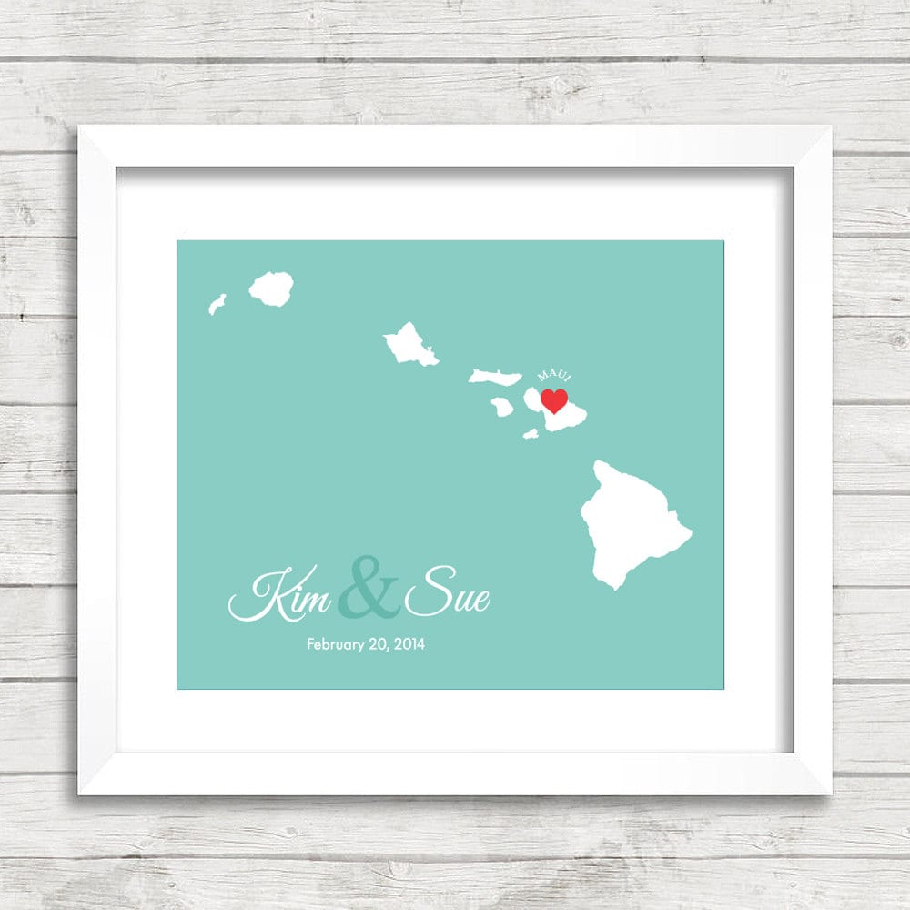 Hawaii Love Map - Maui, Hawaii - The Aloha State - Destination Wedding - Hawaii Honeymoon - Paper Anniversary - Same Sex Marriage