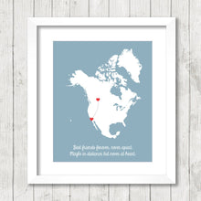 Load image into Gallery viewer, North America Best Friends Map - Calgary, Alberta, Canada - Los Angeles, California, USA - Long Distance Friendship - Penpals
