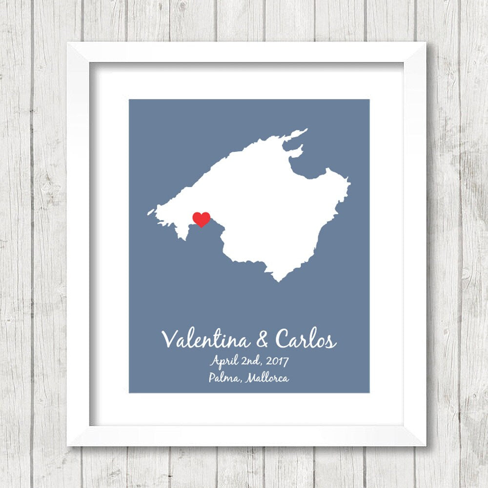 Mallorca Love Map - Palma, Mallorca - Majorca, Spain - Balearic Islands - Mediterranean - Destination/Beach Wedding - Paper Anniversary