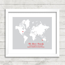 Load image into Gallery viewer, Family World Map - Long Distance Family - Worldwide - Chicago, Illinois, USA - Perth, Western Australia - Australia to USA - Home Decor
