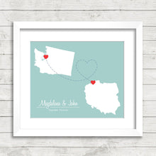 Load image into Gallery viewer, International Love Map - Two Countries, One Print - Seattle, Washington, USA - Darlowo, Poland - Long Distance Couple-Paper Anniversary
