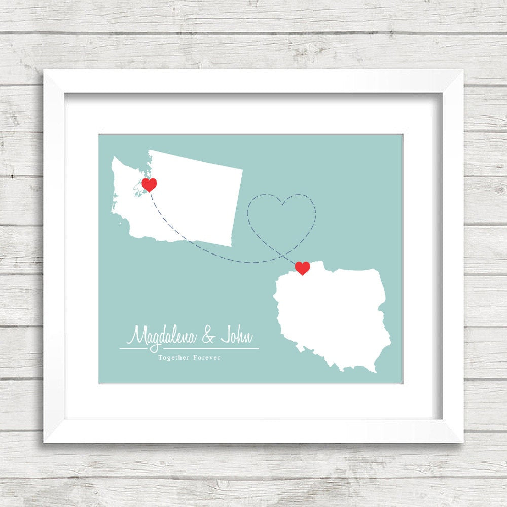 International Love Map - Two Countries, One Print - Seattle, Washington, USA - Darlowo, Poland - Long Distance Couple-Paper Anniversary