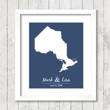 Load image into Gallery viewer, Ontario Love Map - Ottawa, Ontario - Canada&#39;s Capital - Province Map - Wedding, Engagement &amp; Anniversary - Newlyweds
