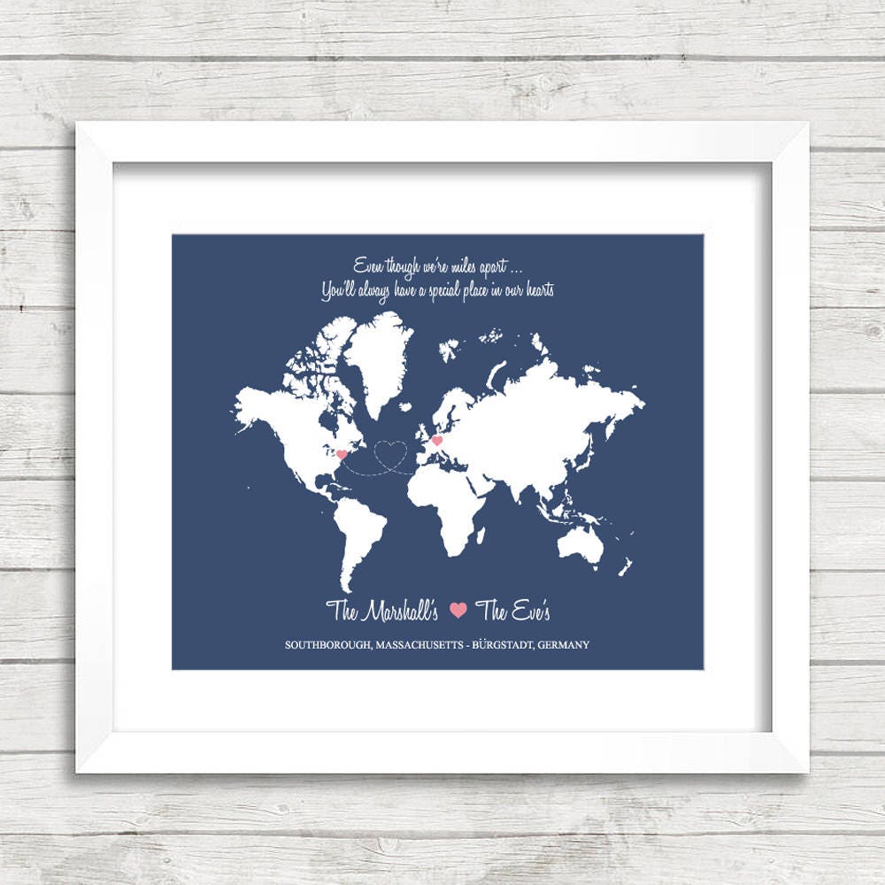 Long Distance Friendship or Family Map - Bürgstadt, Germany - Massachusetts, USA - International Friends/Family - Moving Away -