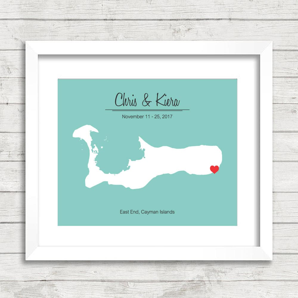 Cayman Islands Love Map - East End, Cayman Islands - Caribbean Sea - Destination/Beach Wedding - Honeymoon -Paper Anniversary