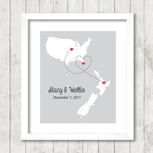 Load image into Gallery viewer, International Love Map - Two Countries, One Print - Otterville, Missouri - Florida - Rotorua, New Zealand - North Island -Long Distance
