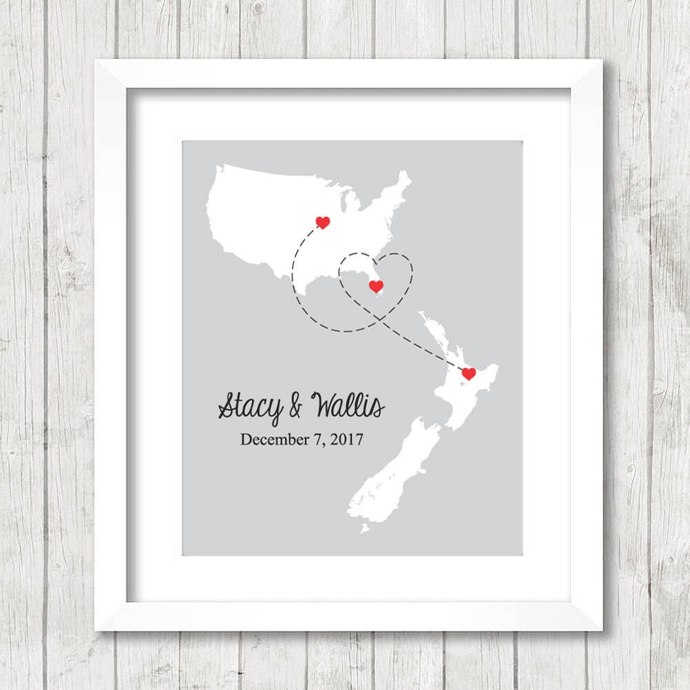 International Love Map - Two Countries, One Print - Otterville, Missouri - Florida - Rotorua, New Zealand - North Island -Long Distance