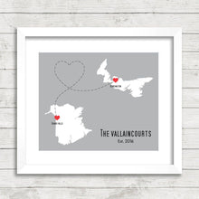 Load image into Gallery viewer, Canadian Provinces Love Map - Two Provinces, One Print - Grand Falls, New Brunswick - Kensington, Prince Edward Island - East Coast
