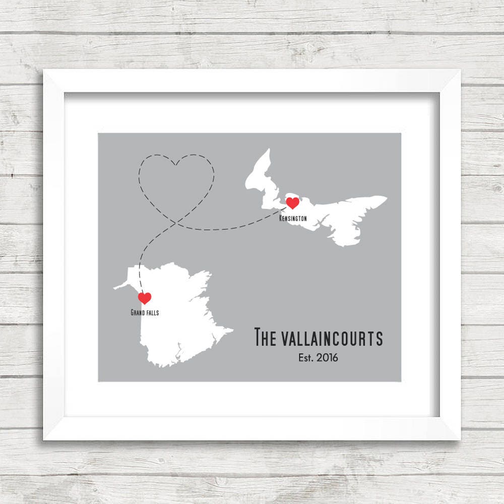 Canadian Provinces Love Map - Two Provinces, One Print - Grand Falls, New Brunswick - Kensington, Prince Edward Island - East Coast