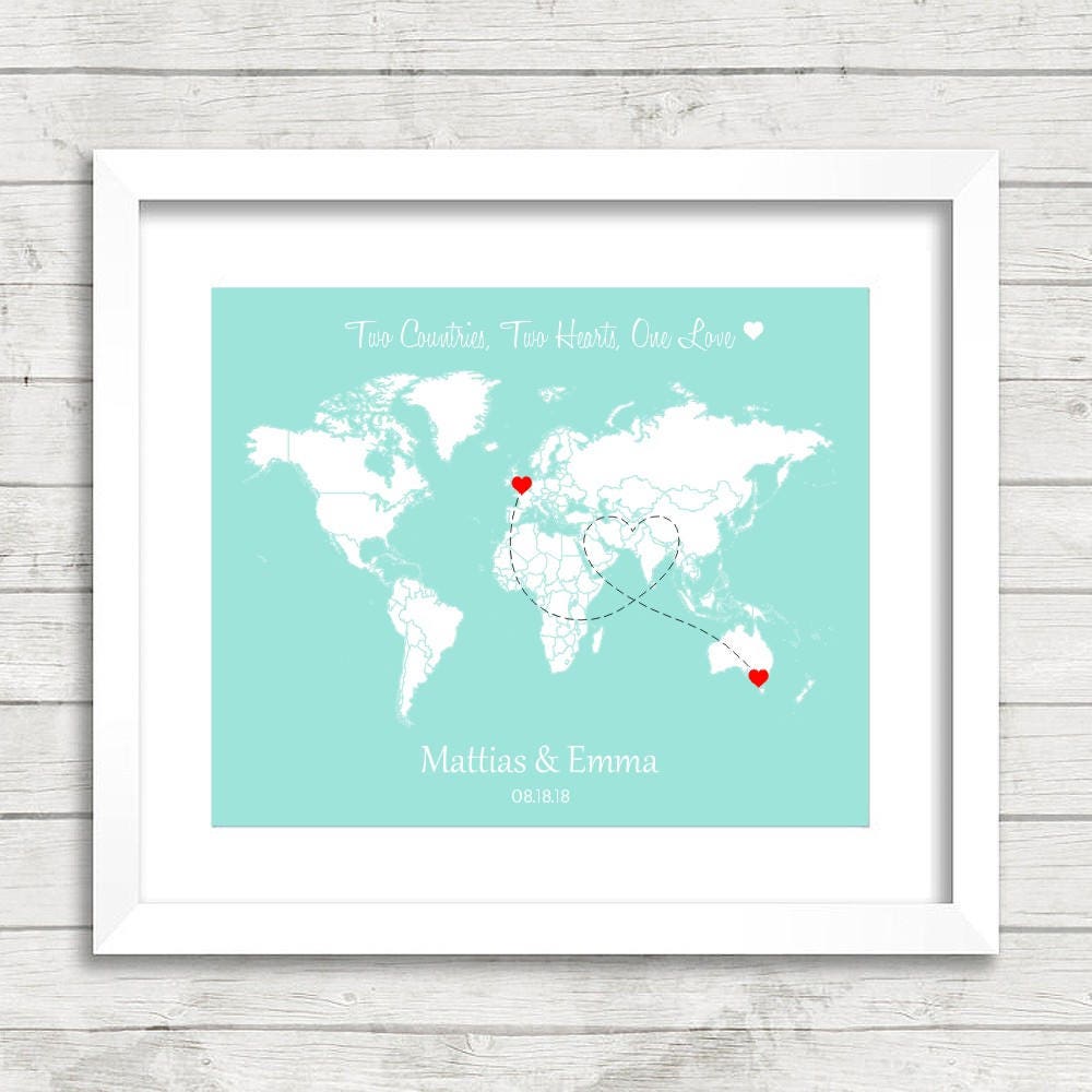 Custom Love World Map - Long Distance Relationship - International -London, United Kingdom-Melbourne, Australia-Wedding Gift-Paper Anni