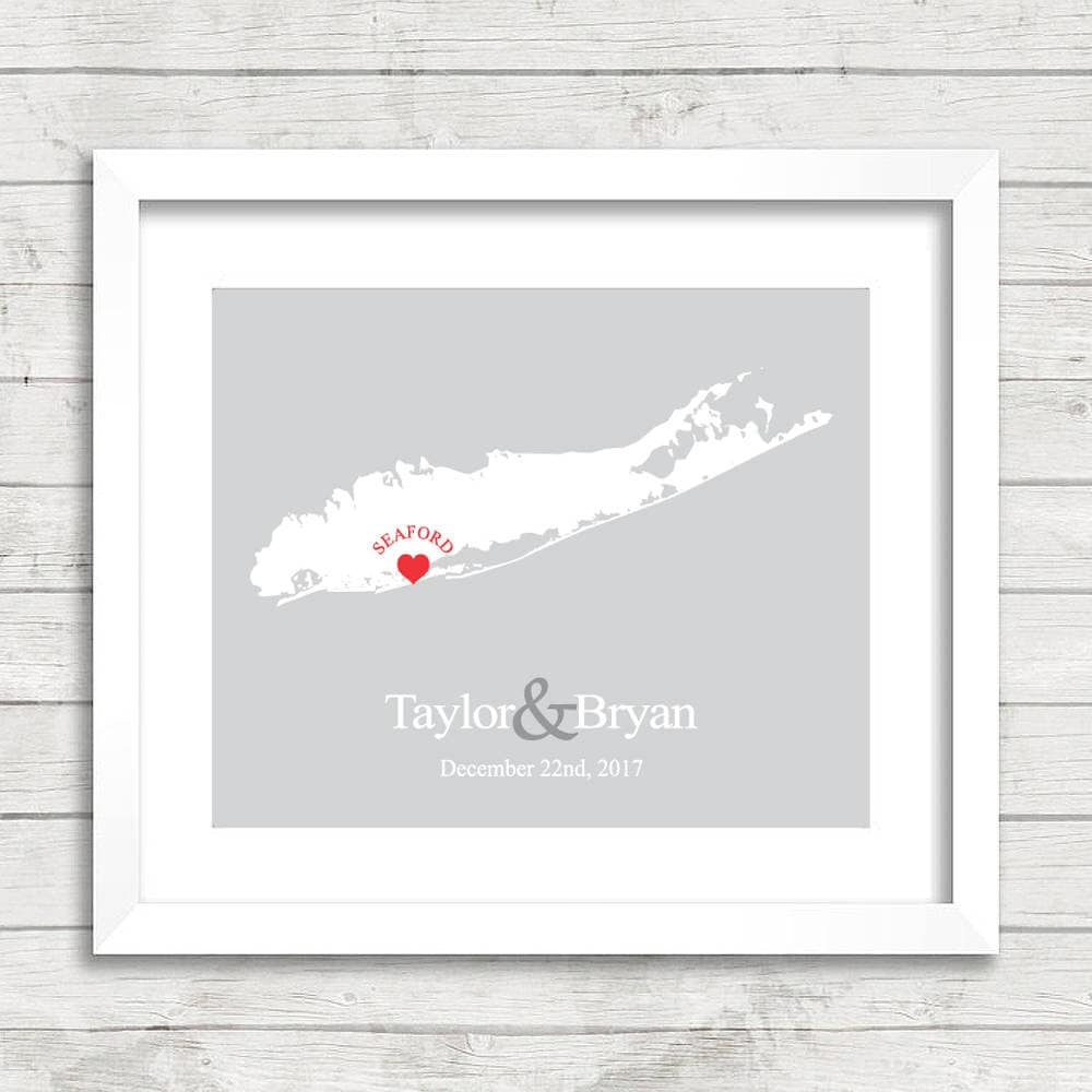 Long Island Love Map - Seaford, New York - Atlantic Ocean - Gay Wedding - Wedding, Engagement & Anniversary Gift - State Art Print