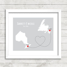 Load image into Gallery viewer, Canadian Provinces Love Map - Two Provinces, One Print - Oshawa, Ontario - Bay Roberts, Newfoundland - Canadian Family Map - East Coast
