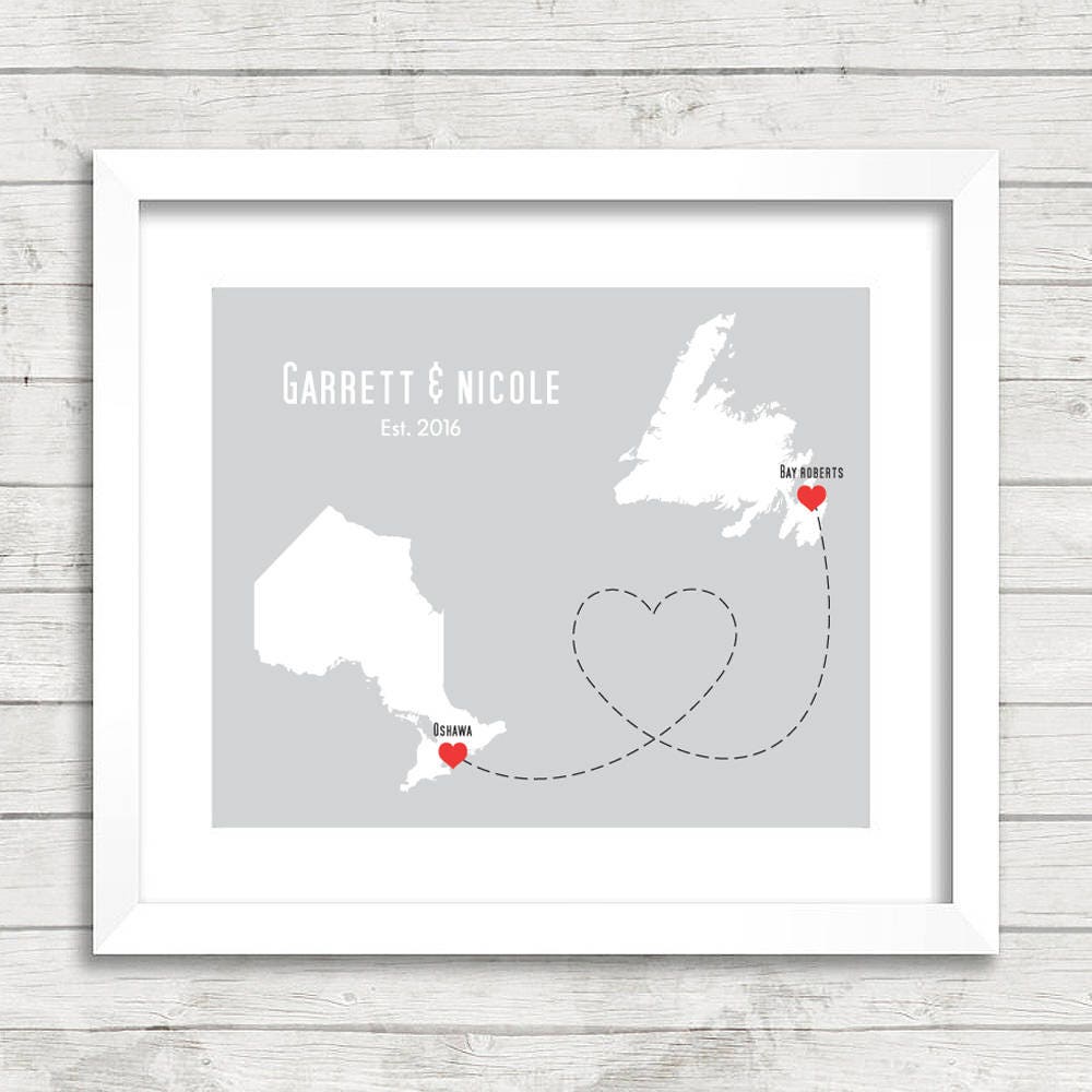 Canadian Provinces Love Map - Two Provinces, One Print - Oshawa, Ontario - Bay Roberts, Newfoundland - Canadian Family Map - East Coast