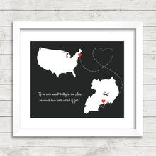 Load image into Gallery viewer, International Love Map - Two Countries, One Print - Boston, Massachusetts, USA - Kampala, Uganda - New Beginnings - African Roots
