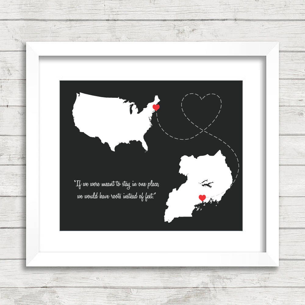 International Love Map - Two Countries, One Print - Boston, Massachusetts, USA - Kampala, Uganda - New Beginnings - African Roots