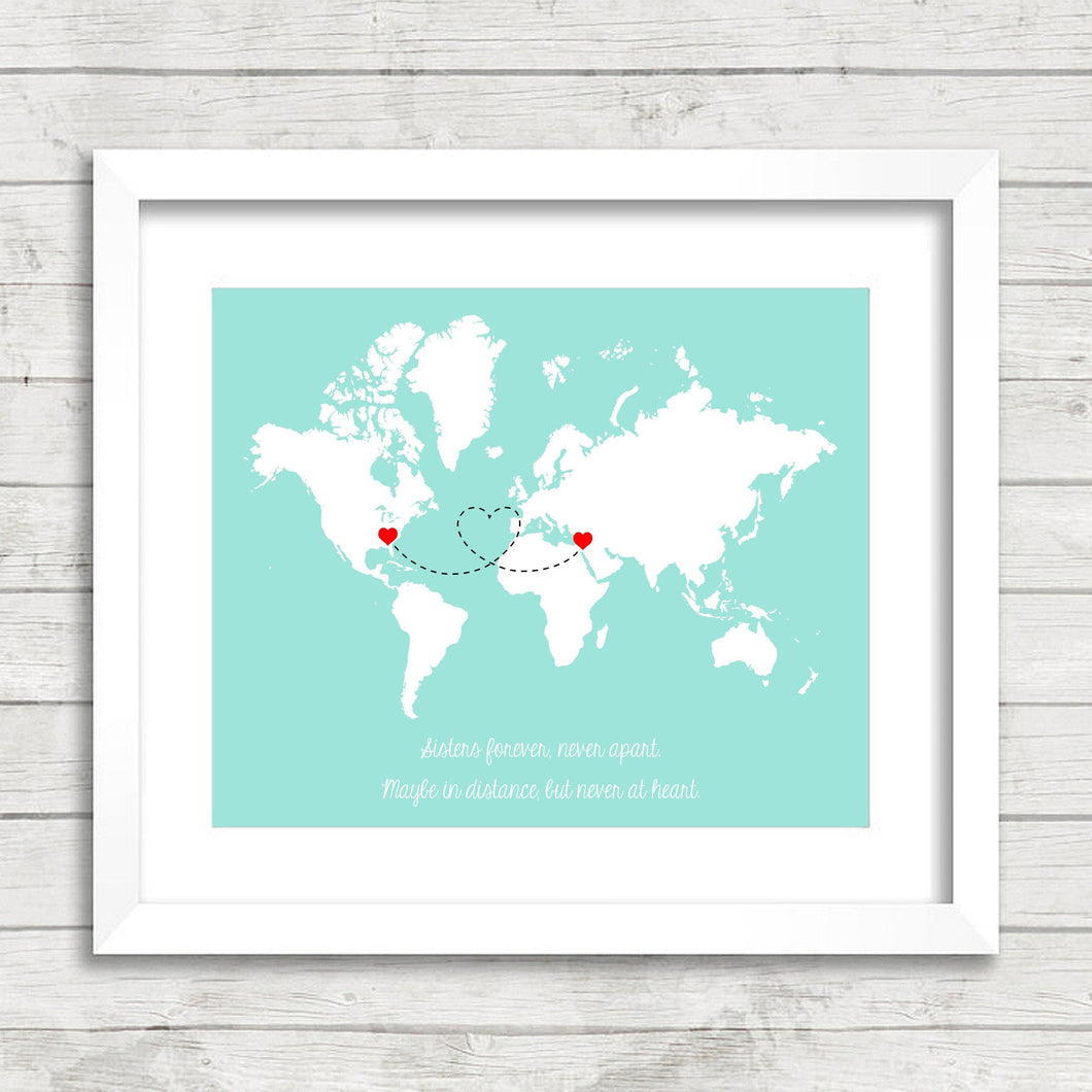 Sister's World Map - Athens, Georgia, USA - Haifa, Israel - Long Distance Family - Best Friends - Gift for Sister - Special Sister