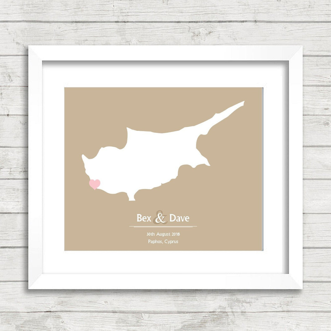 Cyprus Map - Paphos, Cyprus - Eastern Mediterranean - Love Map - Greek - Turkish - Paper Anniversary - Honeymoon