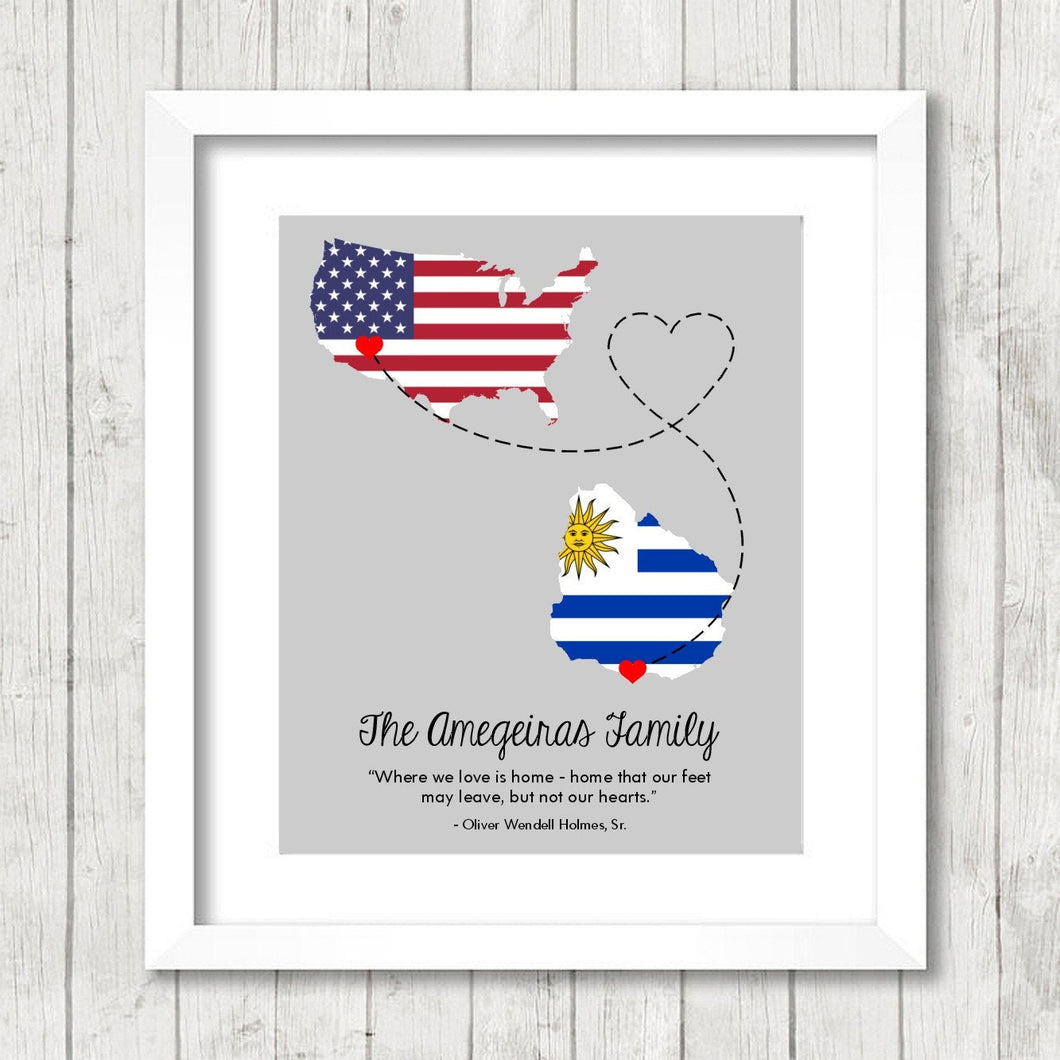 International Family Love Map - Two Countries, One Print - Phoenix, Arizona, USA - Montevideo, Uruguay - South America - Uruguayan