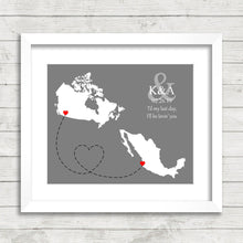 Load image into Gallery viewer, International Love Map - Two Countries - Kelowna, BC, Canada - Puerto Vallarta, Jalisco, Mexico - Mexican - Canadian - Snowbirds
