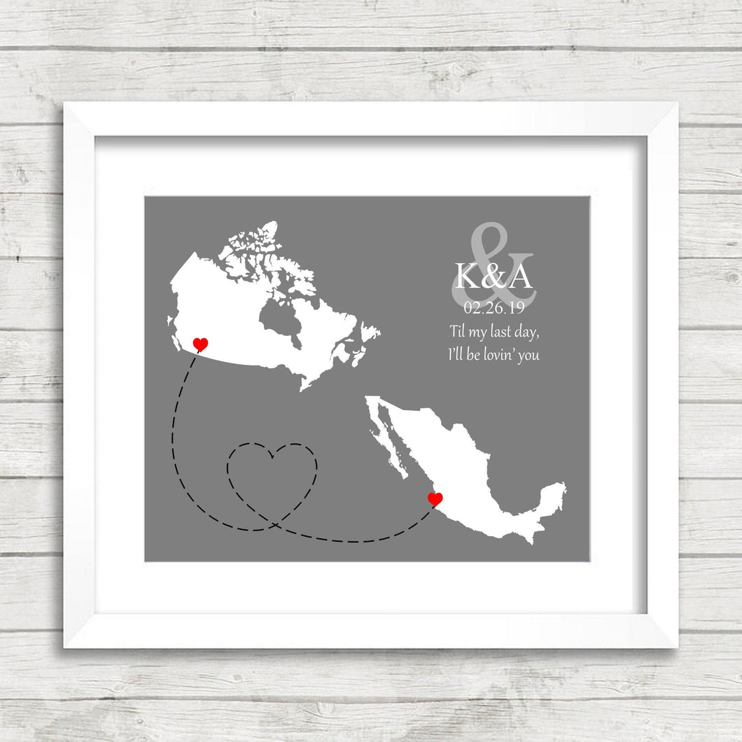 International Love Map - Two Countries - Kelowna, BC, Canada - Puerto Vallarta, Jalisco, Mexico - Mexican - Canadian - Snowbirds