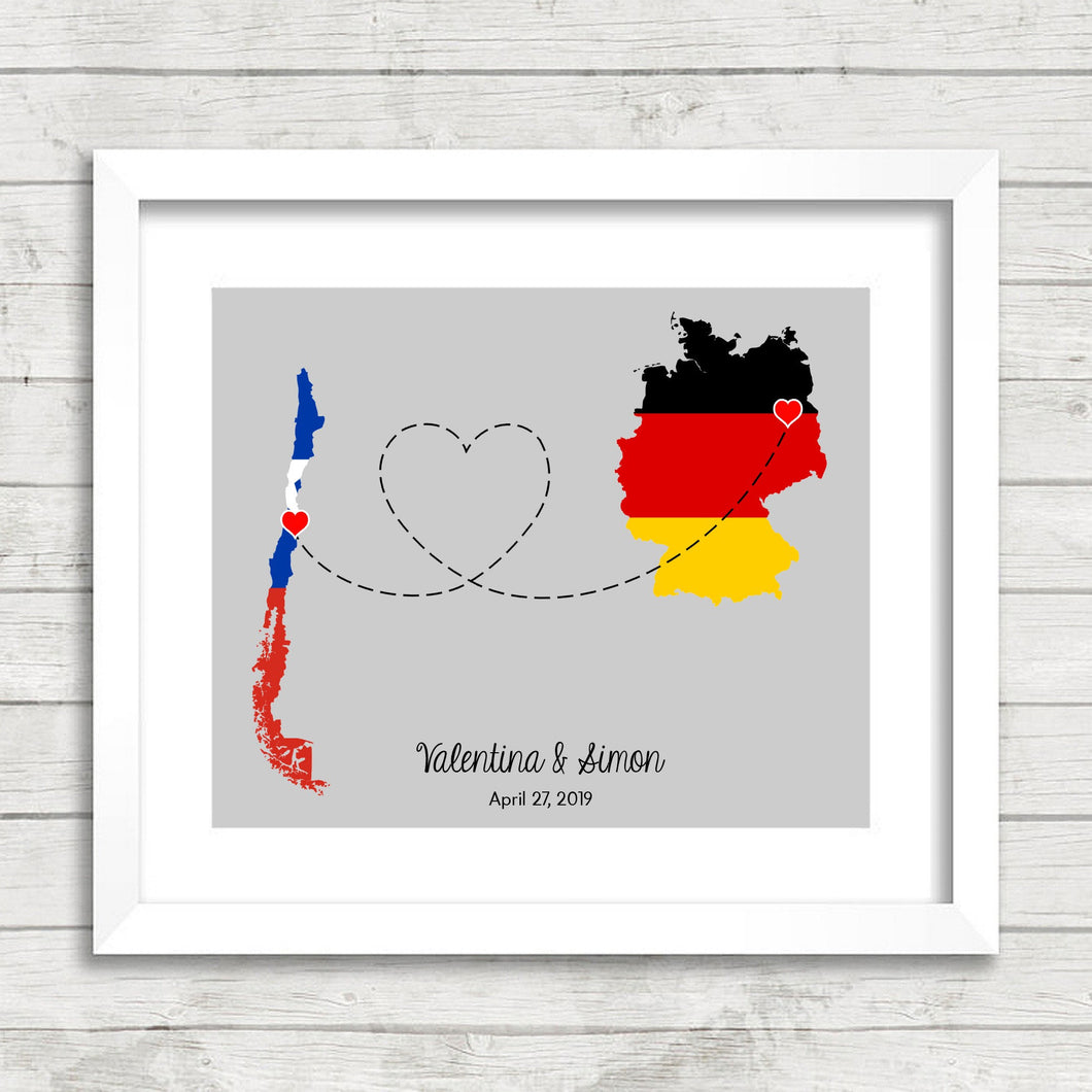 International Love Map -Two Countries, One Print - Santiago, Chile - Berlin, Germany - German - Chileans - European - South American - Flags