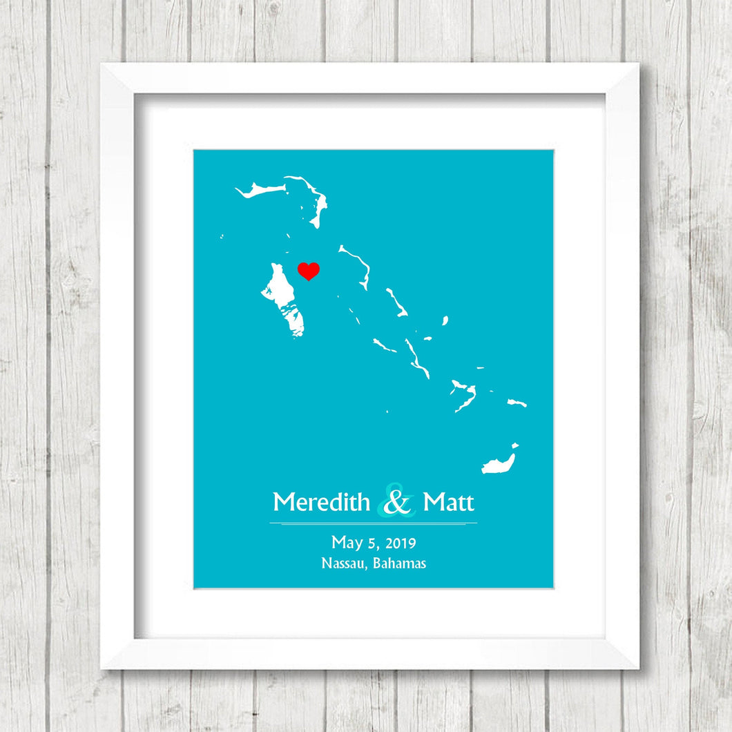 Bahamas Love Map - Nassau, New Providence - Bahamas Wedding - Caribbean Wedding - Engagement & Anniversary Gift - Newlyweds - Exuma -