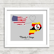 Load image into Gallery viewer, International Love Map - Two Countries, One Print - St. Louis, Missouri, USA - Kampala, Uganda - African Roots - Husband and Wife
