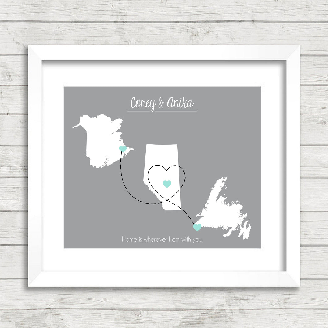 Canadian Love Map - Three Provinces, One Print - Dieppe, New Brunswick - Edmonton, Alberta - Port Aux Basque, Newfoundland - Canadian