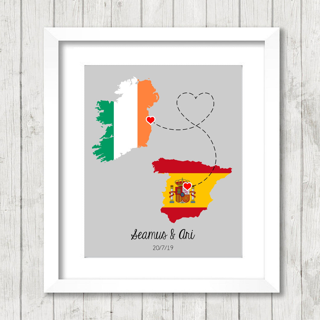 International Love Map - Two Countries, One Print - Dublin, Ireland - Emerald Isle - Madrid, Spain - Barcelona - Eastern Europe - Home Decor