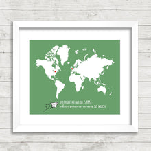 Load image into Gallery viewer, Best Friends World Map - Maybe in Distance, But Never at Heart - Toronto, Ontario - London, England - Long Distance Friendship - Airplane
