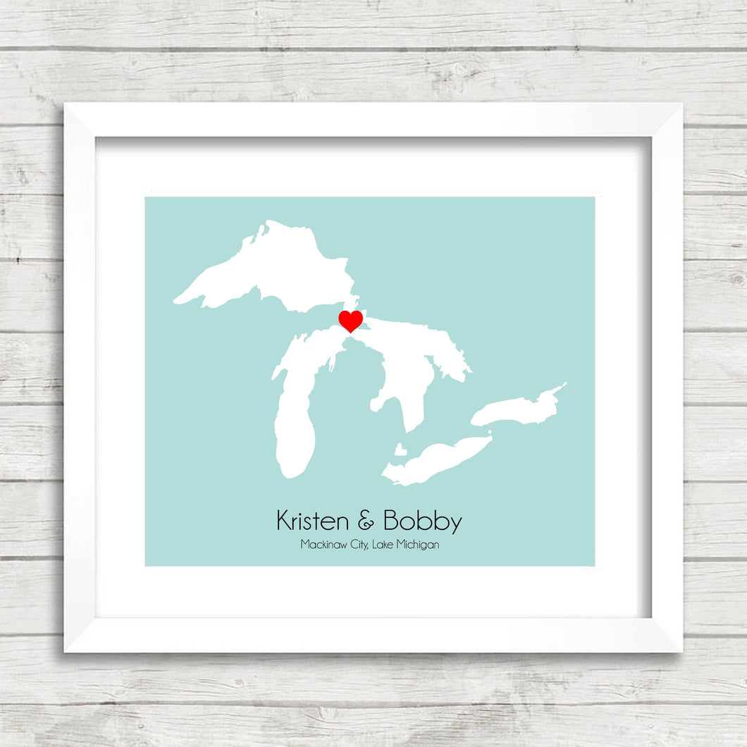 Great Lakes Print - Mackinaw City, Michigan - Lake Huron - Lake Ontario - Lake Michigan - Lake Erie - Lake Superior - Toronto - Maps