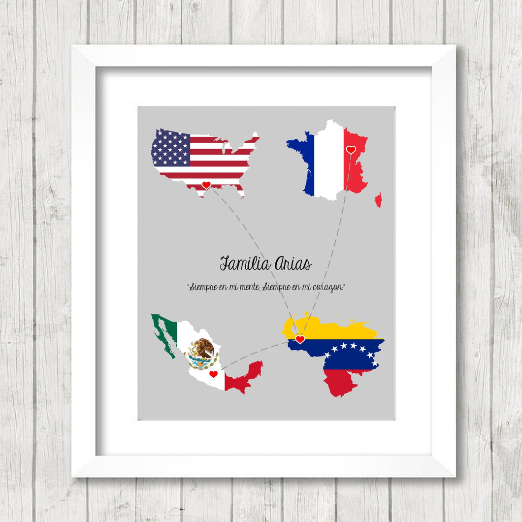 International Family Love Map - Four Countries, One Print - Spring, Texas, USA - Dijon, France - Mexico City, Mexico - Mérida, Venezuela