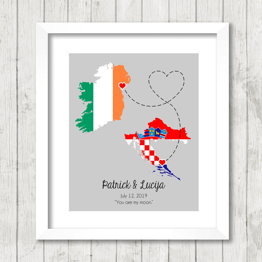 International Love Map - Two Countries, One Print - Dundalk, Ireland - Emerald Isle - Split, Croatia -  Dalmatian Coast - Adriatic Sea