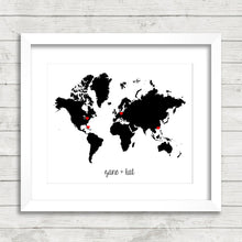 Load image into Gallery viewer, World Travelers Map - Adventure Awaits - Wanderlust - World Map - Minimal Print - Black &amp; White - Travel Decor - Toronto - Hong Kong
