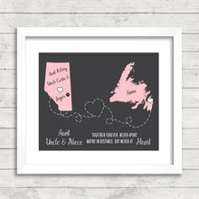 Load image into Gallery viewer, Family Love Map - Aunt &amp; Uncle - Two Provinces, One Print - Morinville, Alberta - Bay Roberts, Newfoundland - Canadian Family - Mom and Dad
