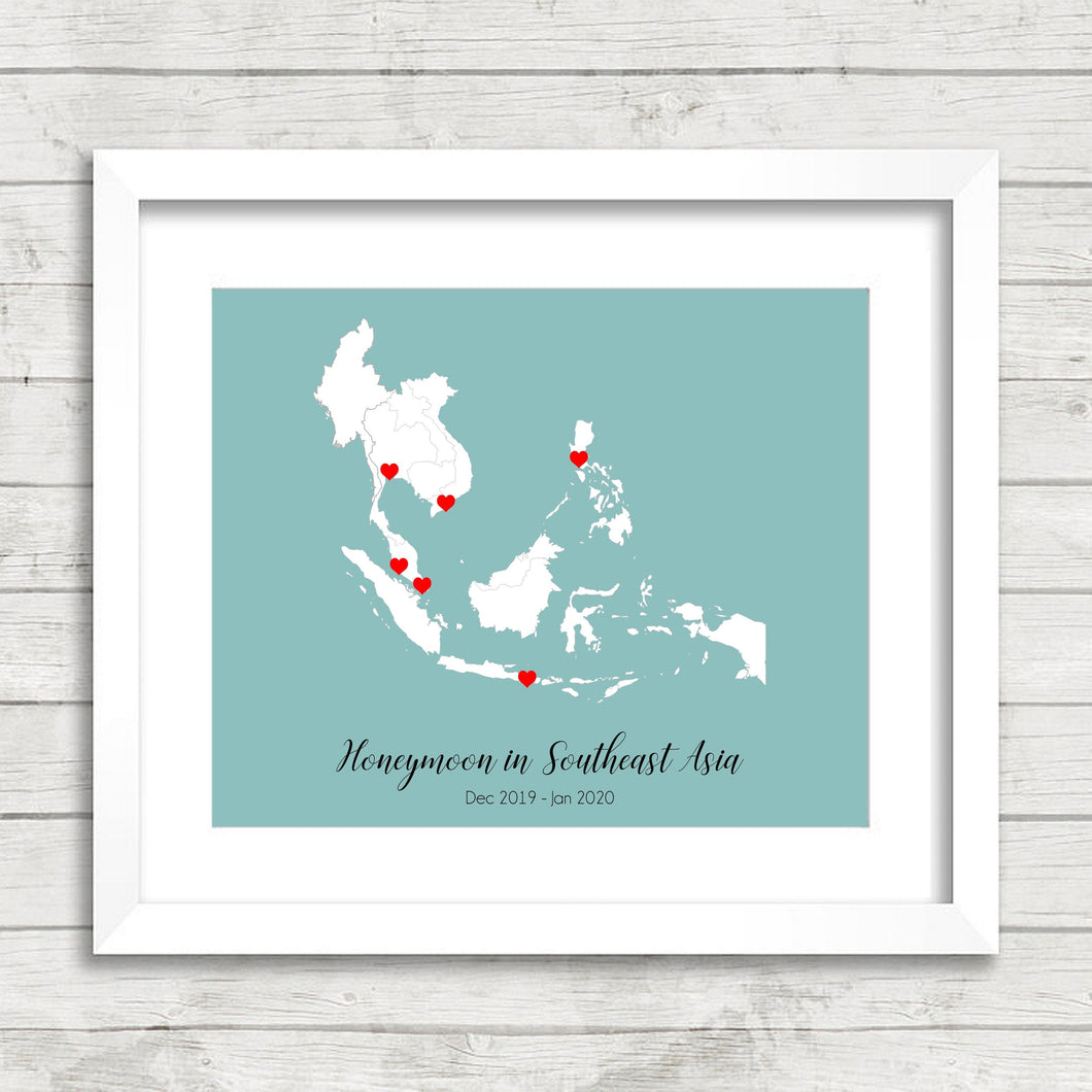 Southeast Asia Honeymoon Map - Bangkok, Thailand - Ho Chi Minh City, Vietnam - Manila, Philippines - Kuala Lumpur, Malaysia - Singapore