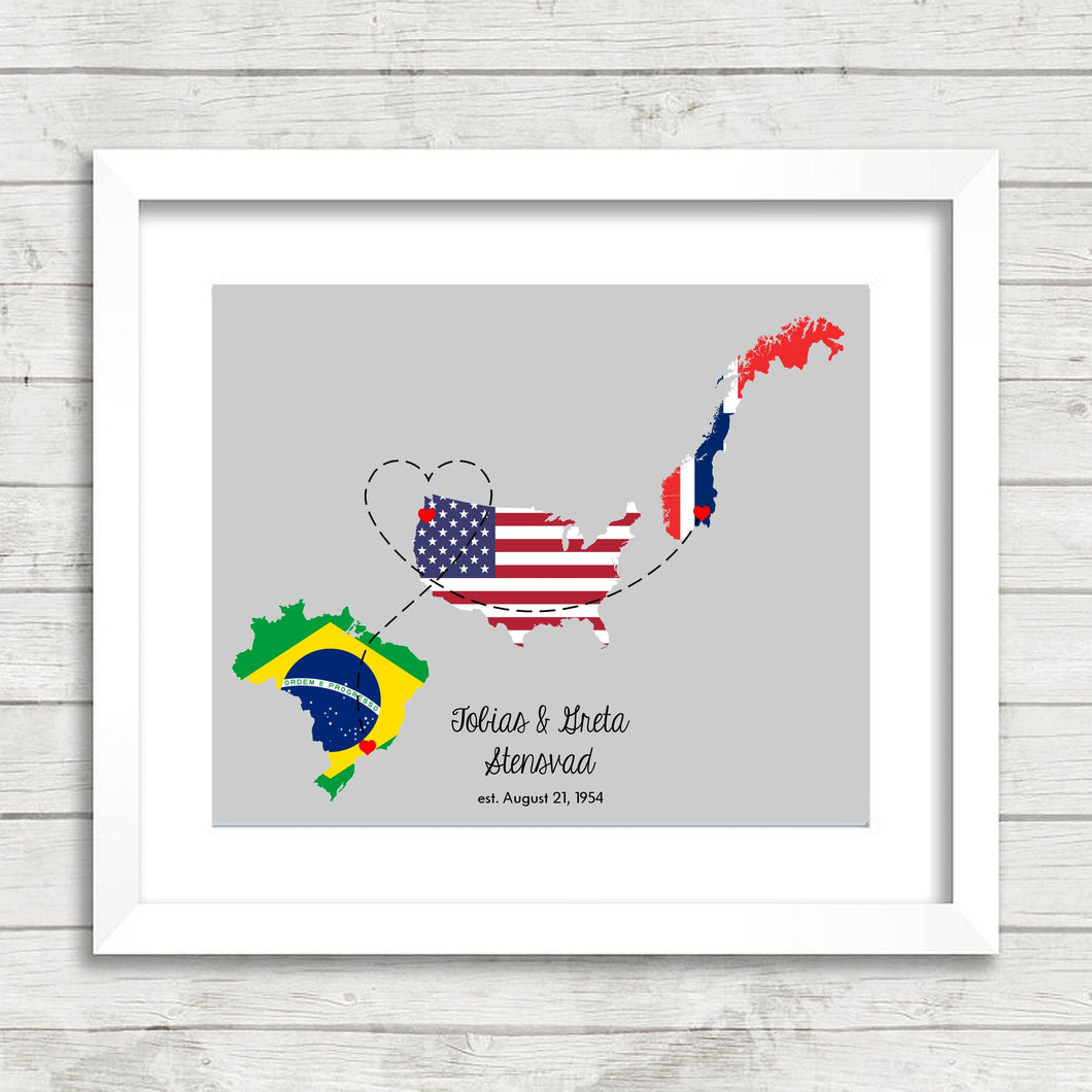 International Love Map -Three Countries, One Print -São Paulo, Brazil - Oregon, USA - Oslo, Norway - Family Roots - Grandparents