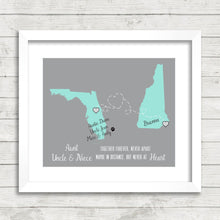 Load image into Gallery viewer, Family Love Map - Niece, Aunt &amp; Uncle - Two States, One Print - Seabrook, New Hampshire - Orlando, Florida - Long Distance Family -Christmas
