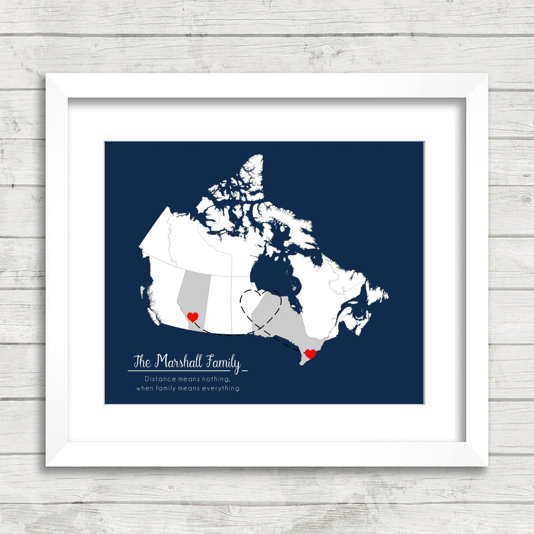 Canadian Family Love Map - Two Provinces, One Print - Calgary, Alberta - Toronto, Ontario - Mom & Dad Gift - Christmas Gift  Family Map