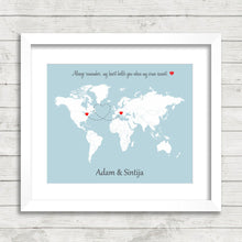 Load image into Gallery viewer, Custom Love World Map - Long Distance Relationship - International - Toronto, Ontario, Canada - Ljubljana Slovenia - Wedding Gift -
