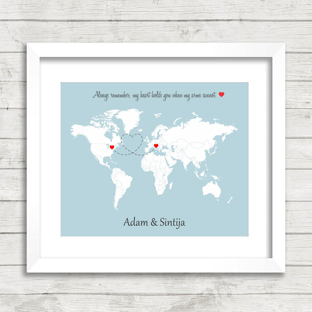 Custom Love World Map - Long Distance Relationship - International - Toronto, Ontario, Canada - Ljubljana Slovenia - Wedding Gift -