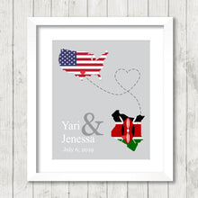 Load image into Gallery viewer, International Love Map - Two Countries, One Print - Dallas, Texas, USA - Nairobi, Kenya, Africa - New Beginnings - African Roots
