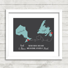 Load image into Gallery viewer, Family Love Map - Aunt &amp; Niece - Two Provinces, One Print - Whitby, Ontario - St. John&#39;s, Newfoundland - Mother&#39;s and Father&#39;s Day
